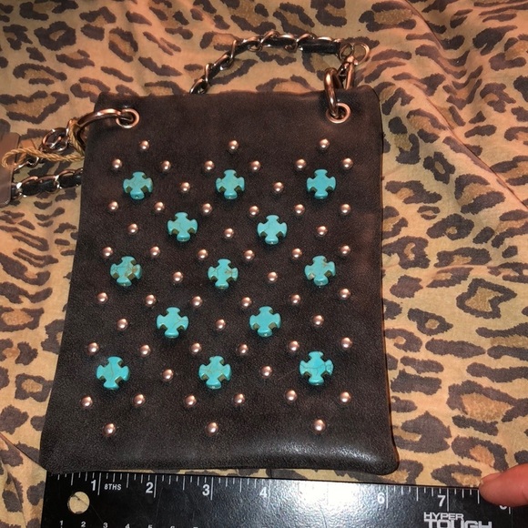 SS Fashion faux leather crossbody very dark gray black turquoise studded crosses - Picture 6 of 16